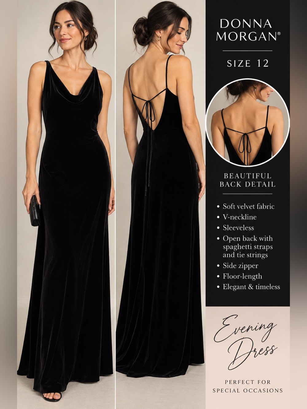Donna Morgan Black Velvet Open Back Maxi Evening Dress Size 12